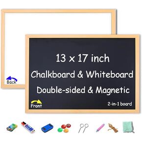 Magnetic Chalkboard 13x17 Double-Sided Chalkboard and Whiteboard 2-in-1 Hanging Wall Wood Framed Decor Blackboard and Dry Erase Whiteboard for Kids, Home, Restaurant