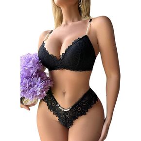 WDIRARA Women's 2 Pieces Underwear Lace Pearls Trim Mesh Bra and Panty Lingerie Sets