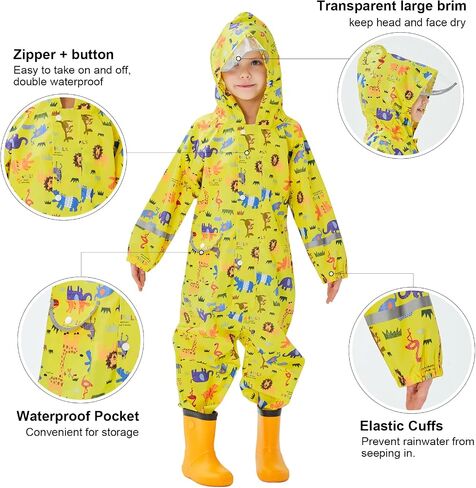 Hovkib Toddler Rain Suit Girls Raincoat Kids Rain Jacket Boys Rain Coat Waterproof Coverall Muddy Buddies Zipper Rainwear in Saudi Arabia
