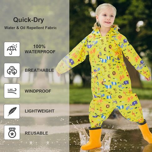 Hovkib Toddler Rain Suit Girls Raincoat Kids Rain Jacket Boys Rain Coat Waterproof Coverall Muddy Buddies Zipper Rainwear in Saudi Arabia