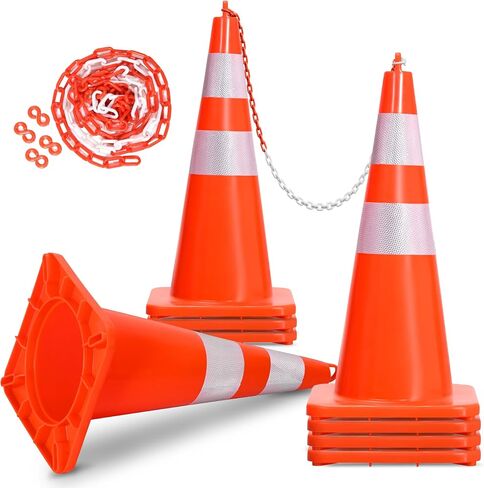 YITAHOME Traffic Cones 28 Inch (6 Pack), with 16.4FT Chain and Reflective Collars, PVC Orange Construction Cones, Safety Cones for Parking Lot, Home Road in Saudi Arabia