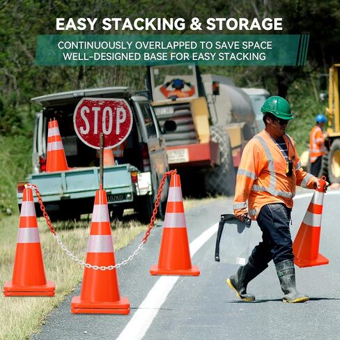 YITAHOME Traffic Cones 28 Inch (6 Pack), with 16.4FT Chain and Reflective Collars, PVC Orange Construction Cones, Safety Cones for Parking Lot, Home Road in Saudi Arabia