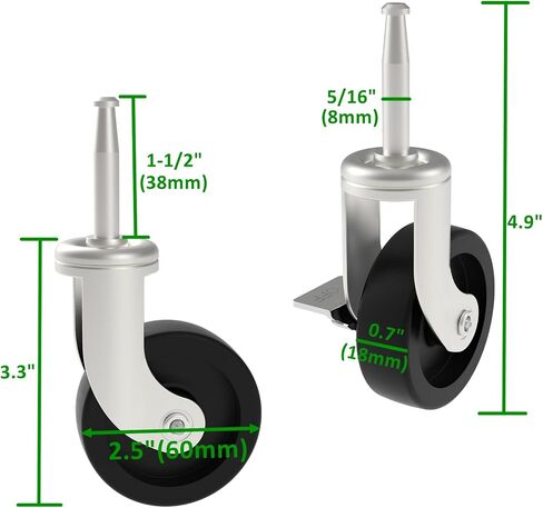 عجلات بديلة HYEJDRV مقاس 2.5 بوصة لـ Shop-Vac (مجموعة من 4)، عجلة دوارة مقاس 8 مم × 38 مم أو 5/16 بوصة × 1.5 بوصة (2 فرامل دوارة و2 فرامل قفل) - فضي in Kuwait