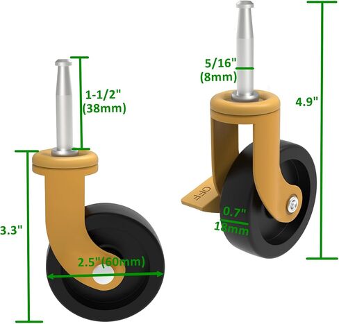 HYEJDRV 2.5-Inch Replacement Wheels for Shop-Vac (Set of 4), Stem 8mm x 38mm or 5/16 Inch x 1.5 Inch Swivel Caster Wheel (2 Swivel & 2 Locking Brakes) - Silver in Saudi Arabia