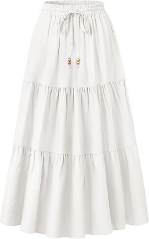 HAEOF Women's Summer Boho Elastic High Waist Maxi Skirt A-Line Flowy Swing Ruffle Tiered Long Beach Skirts with Pockets in Kuwait