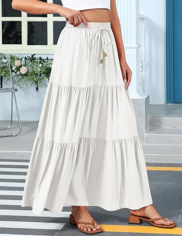 HAEOF Women's Summer Boho Elastic High Waist Maxi Skirt A-Line Flowy Swing Ruffle Tiered Long Beach Skirts with Pockets in Kuwait
