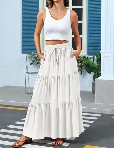 HAEOF Women's Summer Boho Elastic High Waist Maxi Skirt A-Line Flowy Swing Ruffle Tiered Long Beach Skirts with Pockets in Kuwait