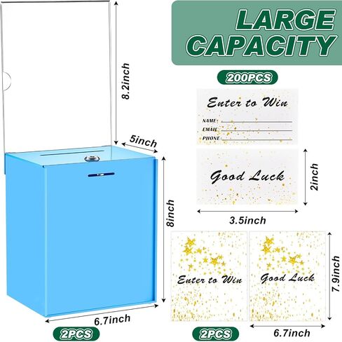 Teling Tall Acrylic Donation Box with Lock and Sign Plate 6.7 x 5 x 8 Inches Safe Suggestion Box with Sign Plate and 100pcs Raffle Tickets Cards for Voting, Charity, Collection Supplies (Clear) in Saudi Arabia