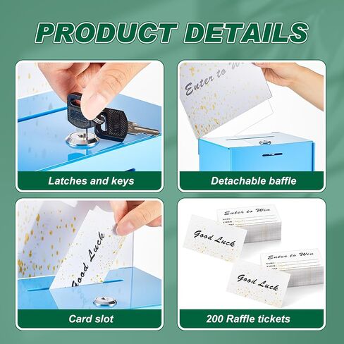 Teling Tall Acrylic Donation Box with Lock and Sign Plate 6.7 x 5 x 8 Inches Safe Suggestion Box with Sign Plate and 100pcs Raffle Tickets Cards for Voting, Charity, Collection Supplies (Clear) in Saudi Arabia