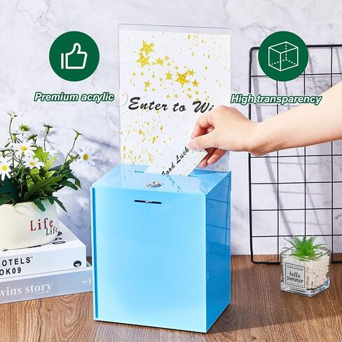 Teling Tall Acrylic Donation Box with Lock and Sign Plate 6.7 x 5 x 8 Inches Safe Suggestion Box with Sign Plate and 100pcs Raffle Tickets Cards for Voting, Charity, Collection Supplies (Clear) in Saudi Arabia