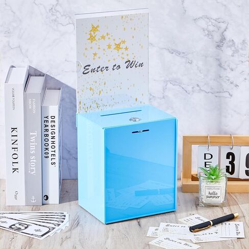Teling Tall Acrylic Donation Box with Lock and Sign Plate 6.7 x 5 x 8 Inches Safe Suggestion Box with Sign Plate and 100pcs Raffle Tickets Cards for Voting, Charity, Collection Supplies (Clear) in Saudi Arabia