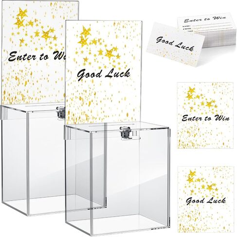Teling Tall Acrylic Donation Box with Lock and Sign Plate 6.7 x 5 x 8 Inches Safe Suggestion Box with Sign Plate and 100pcs Raffle Tickets Cards for Voting, Charity, Collection Supplies (Clear) in Saudi Arabia