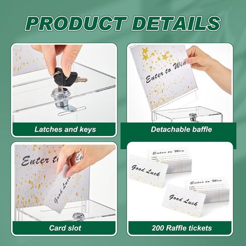 Teling Tall Acrylic Donation Box with Lock and Sign Plate 6.7 x 5 x 8 Inches Safe Suggestion Box with Sign Plate and 100pcs Raffle Tickets Cards for Voting, Charity, Collection Supplies (Clear) in Saudi Arabia