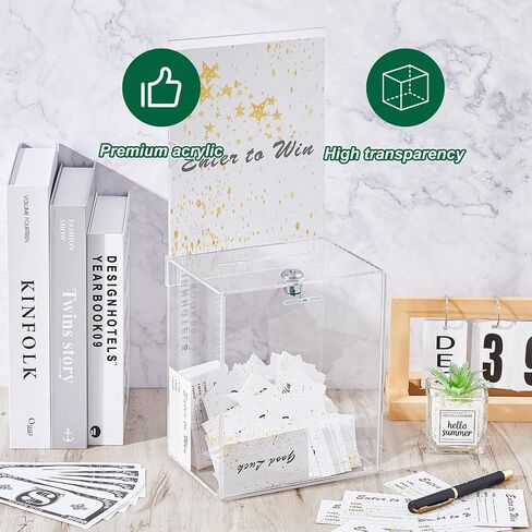 Teling Tall Acrylic Donation Box with Lock and Sign Plate 6.7 x 5 x 8 Inches Safe Suggestion Box with Sign Plate and 100pcs Raffle Tickets Cards for Voting, Charity, Collection Supplies (Clear) in Saudi Arabia