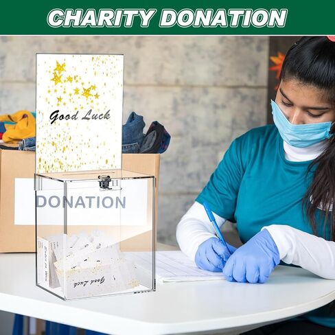 Teling Tall Acrylic Donation Box with Lock and Sign Plate 6.7 x 5 x 8 Inches Safe Suggestion Box with Sign Plate and 100pcs Raffle Tickets Cards for Voting, Charity, Collection Supplies (Clear) in Saudi Arabia