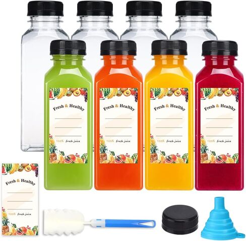 8 قطع من زجاجات العصير سعة 12 أونصة مع أغطية من سوبرليل، زجاجات عصير قابلة لإعادة الاستخدام، زجاجات عصارة بلاستيكية مع أغطية وملصقات وقمع وفرشاة للعصير والعصائر والحليب in Kuwait