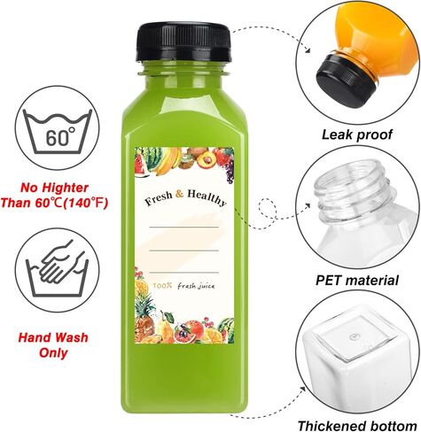 8 قطع من زجاجات العصير سعة 12 أونصة مع أغطية من سوبرليل، زجاجات عصير قابلة لإعادة الاستخدام، زجاجات عصارة بلاستيكية مع أغطية وملصقات وقمع وفرشاة للعصير والعصائر والحليب in Kuwait