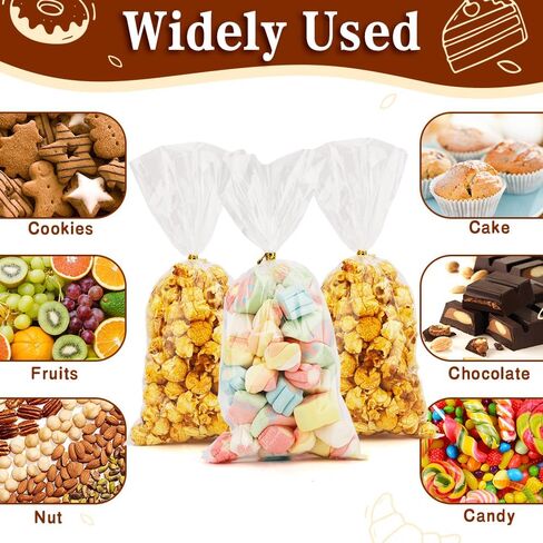 أكياس علاج السيلوفان، أكياس السيلوفان، 100 قطعة من أكياس علاج السيلوفان الشفافة، أكياس هدايا حلوى السيلوفان مقاس 5 × 11 بوصة مع 100 ربطة عنق ذهبية لتفضل حفلات التخرج وأعياد الميلاد وحفلات الزفاف in Kuwait