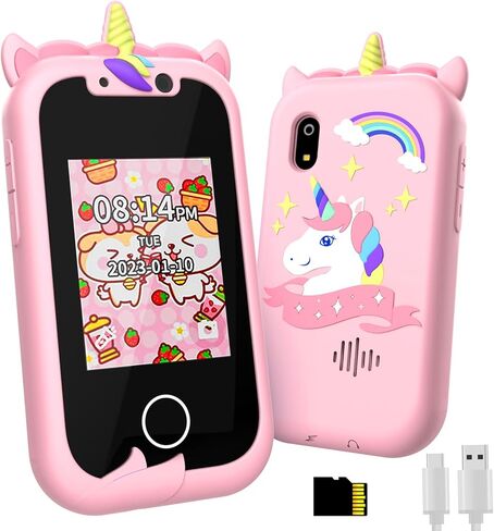 Bymetoy Kids Toy الهاتف الخليوي، هاتف ألعاب يونيكورن مع مشغل موسيقى MP3، لعبة هاتف ذكي للأطفال مع ألعاب ألغاز، كاميرا مزدوجة، بطاقة SD 32 جيجا، هدايا عيد ميلاد للأعمار من 5 إلى 7 سنوات فما فوق للمراهقة 3 4 5 7 9 6 8 سنوات من العمر in Kuwait