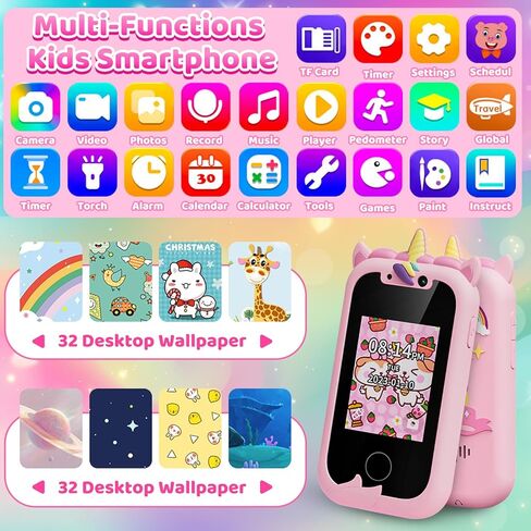 Bymetoy Kids Toy الهاتف الخليوي، هاتف ألعاب يونيكورن مع مشغل موسيقى MP3، لعبة هاتف ذكي للأطفال مع ألعاب ألغاز، كاميرا مزدوجة، بطاقة SD 32 جيجا، هدايا عيد ميلاد للأعمار من 5 إلى 7 سنوات فما فوق للمراهقة 3 4 5 7 9 6 8 سنوات من العمر in Kuwait