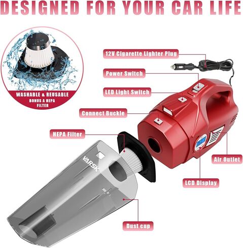 مكنسة كهربائية محمولة 4 في 1 من VARSK - مكنسة كهربائية محمولة عالية القوة وضاغط هواء للسيارة مع ضوء LED وشاشة LCD رقمية لقياس ضغط الإطارات، 12 فولت تيار مستمر، سلك 15 قدم، هدايا السيارة in Kuwait