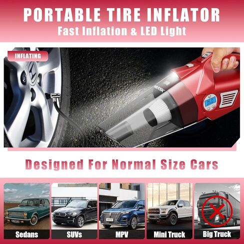 مكنسة كهربائية محمولة 4 في 1 من VARSK - مكنسة كهربائية محمولة عالية القوة وضاغط هواء للسيارة مع ضوء LED وشاشة LCD رقمية لقياس ضغط الإطارات، 12 فولت تيار مستمر، سلك 15 قدم، هدايا السيارة in Kuwait