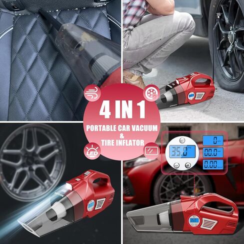 مكنسة كهربائية محمولة 4 في 1 من VARSK - مكنسة كهربائية محمولة عالية القوة وضاغط هواء للسيارة مع ضوء LED وشاشة LCD رقمية لقياس ضغط الإطارات، 12 فولت تيار مستمر، سلك 15 قدم، هدايا السيارة in Kuwait