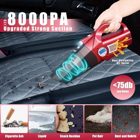 مكنسة كهربائية محمولة 4 في 1 من VARSK - مكنسة كهربائية محمولة عالية القوة وضاغط هواء للسيارة مع ضوء LED وشاشة LCD رقمية لقياس ضغط الإطارات، 12 فولت تيار مستمر، سلك 15 قدم، هدايا السيارة in Kuwait