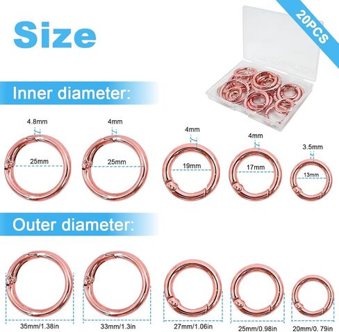 BieFuDan 20 قطعة من حلقات الزنبرك الزناد، حلقة سلسلة مفاتيح على شكل حرف O، مشبك حلقة تسلق ذهبية شاحبة، حلقة تسلق دائرية بمشبك حلقة مفاتيح، 5 مقاسات متعددة الأغراض لإبزيم حلقات المفاتيح، والحقائب، والمحافظ، وحقيبة اليد in Kuwait