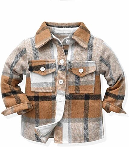 سترة Gihuo للأطفال الصغار من الأولاد والبنات منقوشة وقميص من الفلانيل للخريف للأطفال الصغار وأكمام طويلة وأزرار سفلية منقوشة (Khaki-6T) in Kuwait
