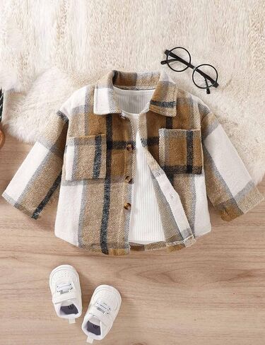 سترة Gihuo للأطفال الصغار من الأولاد والبنات منقوشة وقميص من الفلانيل للخريف للأطفال الصغار وأكمام طويلة وأزرار سفلية منقوشة (Khaki-6T) in Kuwait