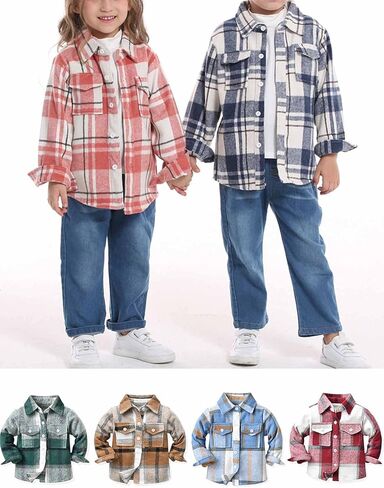 سترة Gihuo للأطفال الصغار من الأولاد والبنات منقوشة وقميص من الفلانيل للخريف للأطفال الصغار وأكمام طويلة وأزرار سفلية منقوشة (Khaki-6T) in Kuwait