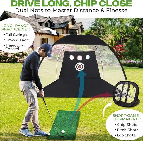 Edenco Golf Net Set, 10ft x 7ft Golf Practice Net Set - Golf Practice Net and Mat with Driving Net, Chipping Net, 5 Real Golf Balls, Practice Mat, Practice Tee - All in One Real Backyard Golf Practice in Saudi Arabia