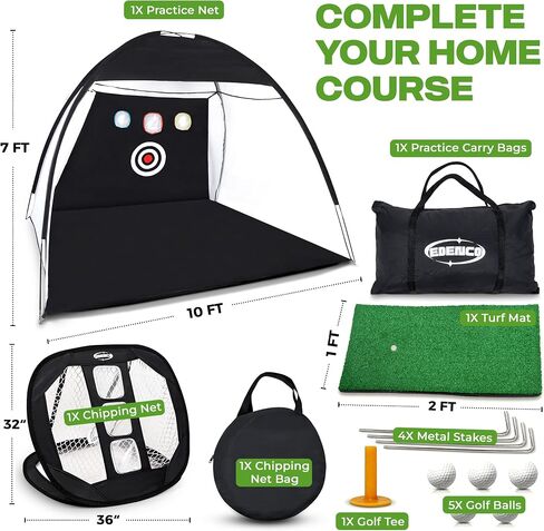 Edenco Golf Net Set, 10ft x 7ft Golf Practice Net Set - Golf Practice Net and Mat with Driving Net, Chipping Net, 5 Real Golf Balls, Practice Mat, Practice Tee - All in One Real Backyard Golf Practice in Saudi Arabia