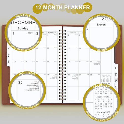 مخطط 2024-2025 - يوليو 2024 - يونيو 2025، مخطط أكاديمي 2024-2025، 2024-2025 مخطط أسبوعي وشهري، 6.5 بوصة × 8.7 بوصة، غطاء جلدي + جيب خلفي + عطلات - بني in Kuwait