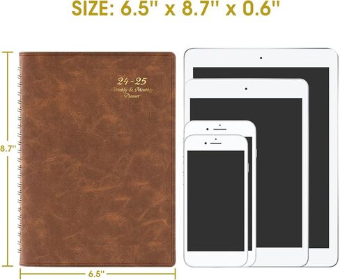 مخطط 2024-2025 - يوليو 2024 - يونيو 2025، مخطط أكاديمي 2024-2025، 2024-2025 مخطط أسبوعي وشهري، 6.5 بوصة × 8.7 بوصة، غطاء جلدي + جيب خلفي + عطلات - بني in Kuwait