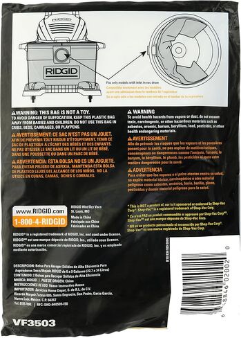 Ridgid VF3503 High Efficiency, Dry Pickup Dust Bags for 6 - 9 Gallons Ridgid Wet / Dry Vacuums at (2 Pack) in Saudi Arabia