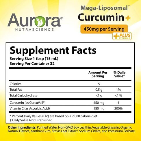 Aurora Nutrascience Mega-Liposomal Curcumin+ Vitamin C with CurcuVail, Supports Healthy Joints, Muscles, GI Tract, and Brain, Organic, Non-GMO, 450mg per Serving, 16 fl oz in Saudi Arabia
