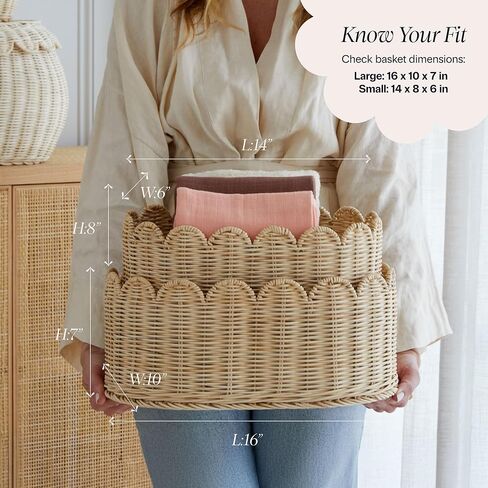 BEBE BASK SCALLOPED SACKENT SETRESS من 2 - سلة الأسقلوب - 16 × 10 × 7 بوصة - الخوص الأنيق المنسوجة يدويًا مع حافة الأسقلوب - تخزين الحضانة (طبيعي) in Kuwait