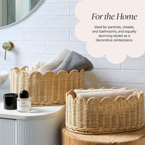 BEBE BASK SCALLOPED SACKENT SETRESS من 2 - سلة الأسقلوب - 16 × 10 × 7 بوصة - الخوص الأنيق المنسوجة يدويًا مع حافة الأسقلوب - تخزين الحضانة (طبيعي) in Kuwait