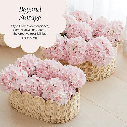 BEBE BASK SCALLOPED SACKENT SETRESS من 2 - سلة الأسقلوب - 16 × 10 × 7 بوصة - الخوص الأنيق المنسوجة يدويًا مع حافة الأسقلوب - تخزين الحضانة (طبيعي) in Kuwait