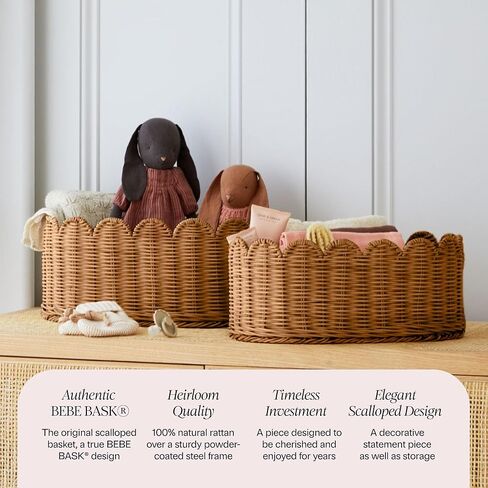 BEBE BASK Premium Scalloped Basket Set Of 2 - Scallop Basket - 16 x 10 x 7 Inch - Hand-Woven Elegant Wicker With Scalloped Edge - Nursery Storage (Natural) in Kuwait