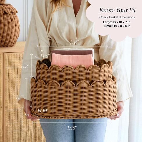 BEBE BASK Premium Scalloped Basket Set Of 2 - Scallop Basket - 16 x 10 x 7 Inch - Hand-Woven Elegant Wicker With Scalloped Edge - Nursery Storage (Natural) in Kuwait