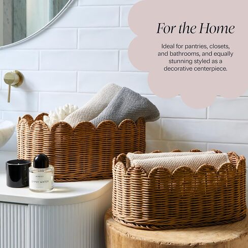 BEBE BASK Premium Scalloped Basket Set Of 2 - Scallop Basket - 16 x 10 x 7 Inch - Hand-Woven Elegant Wicker With Scalloped Edge - Nursery Storage (Natural) in Kuwait