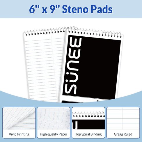 SUNEE 12 Pack Steno Pads 6x9, Gregg Rule, 60 Sheets, Spiral Notebook 6x9, White Paper, Take Notes with Top Spiral Notebook, for School, University, College, Work, Office, Black in Saudi Arabia
