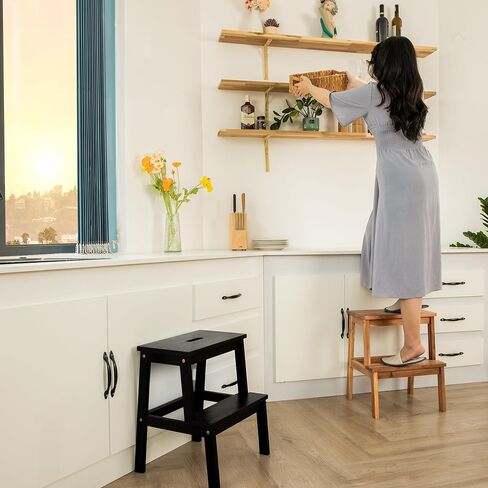 Acaia Wood 2 Step Stool, Waterproof Wooden Step Stool for Adults, 20 Inch Tall Wood Short Footstool Suitable for Bathroom, Kitchen, Bathroom, Bedroom in Kuwait