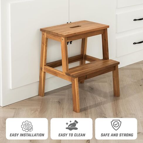 Acaia Wood 2 Step Stool, Waterproof Wooden Step Stool for Adults, 20 Inch Tall Wood Short Footstool Suitable for Bathroom, Kitchen, Bathroom, Bedroom in Kuwait