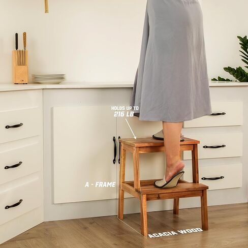 Acaia Wood 2 Step Stool, Waterproof Wooden Step Stool for Adults, 20 Inch Tall Wood Short Footstool Suitable for Bathroom, Kitchen, Bathroom, Bedroom in Kuwait