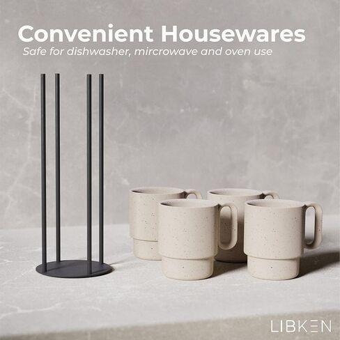 Stackable Coffee Mug Set with Black Stand - 4x10oz Ceramic Mugs with Unique Sprinkled Optics - Powder Coated Metal Rack - Dishwasher-Safe - Microwave & Oven - Scandinavian Minimal Design in Kuwait