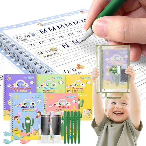 Magic Resulable Copybook للأطفال ، ممارسة كتاب بخط اليد ، مجموعة الكتابة القابلة لإعادة الاستخدام مع حقيبة تخزين لأطفال ما قبل المدرسة الذين تتراوح أعمارهم بين 3-8 خط من الخط (5pcs 7.3 * 10.3inch) in Kuwait
